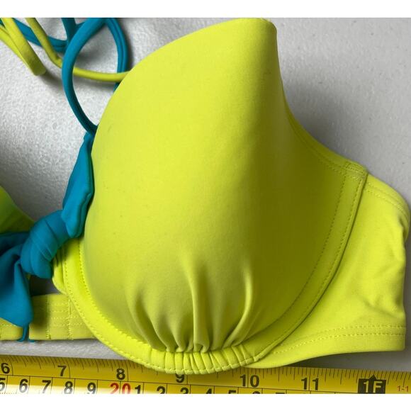 Aerie 34C Neon Yellow Swimwear Bikini Top Blue Bowtie Adjustable Halter Top - Picture 5 of 5